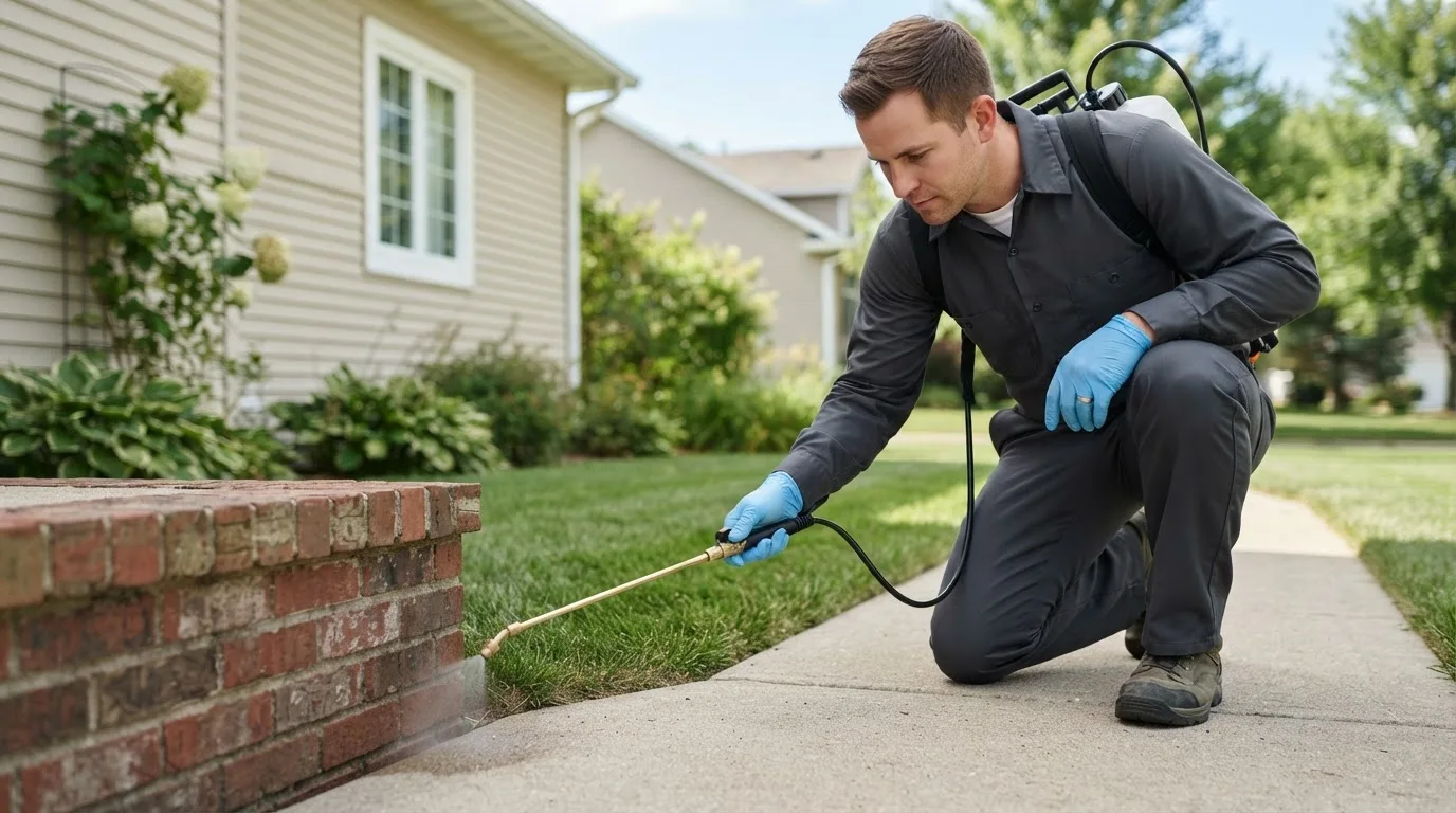Pest control technician treating a home near Henderson, AR